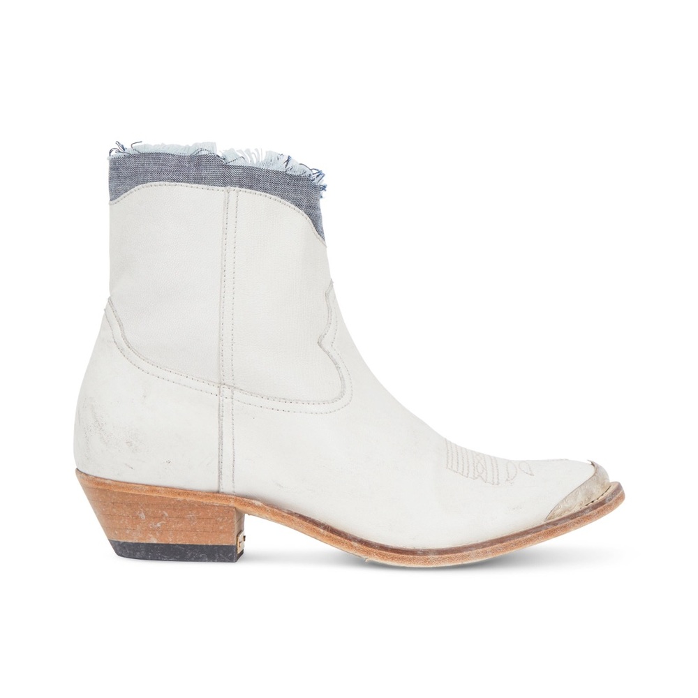 Golden Goose Young White Leather Denim Cuff Western Boot